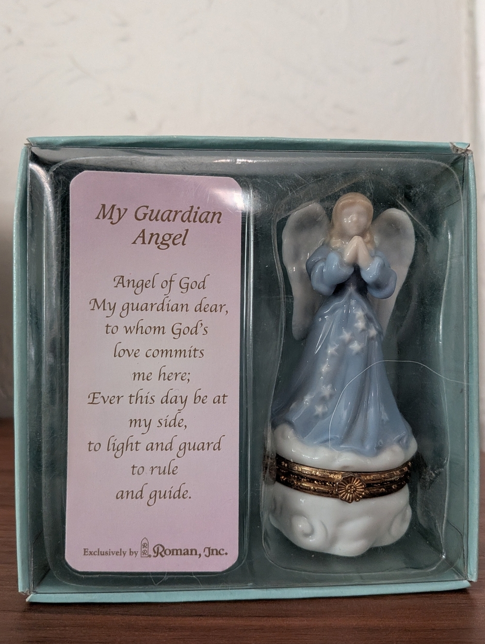 Roman, Inc Blue Guardian Angel Figurine Trinket Box with Gold Trim